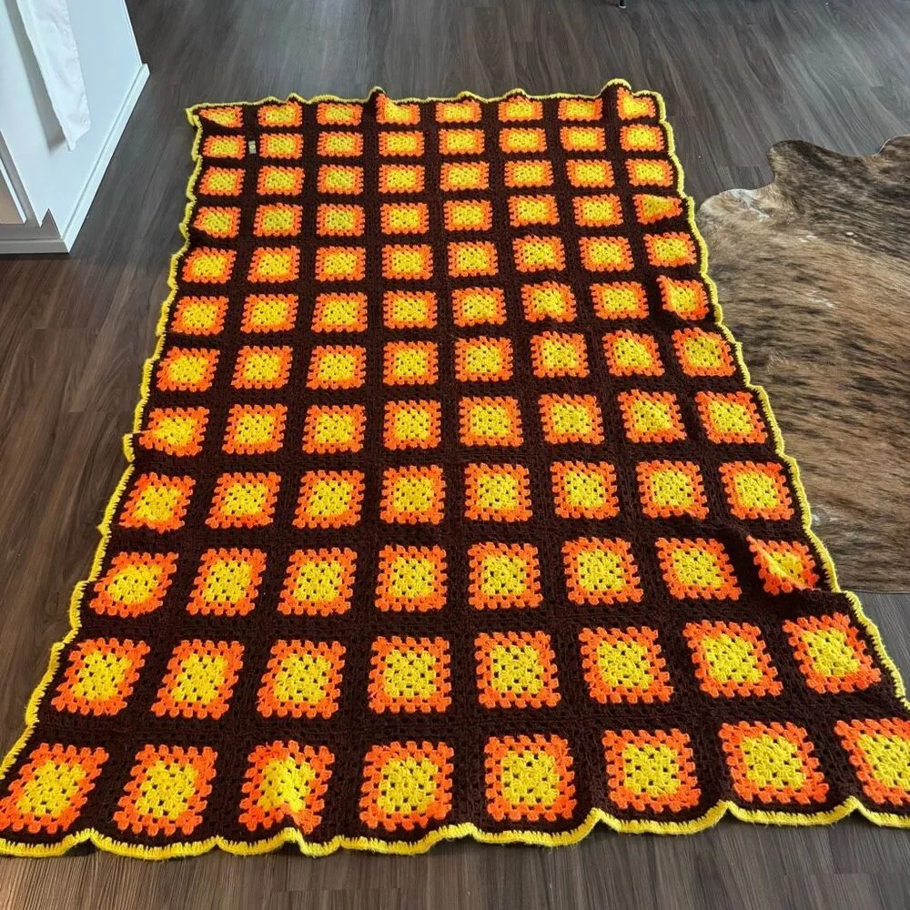 Authentic Vintage 1970s Granny Square Throw Blanket Earth Tone Retro Crochet